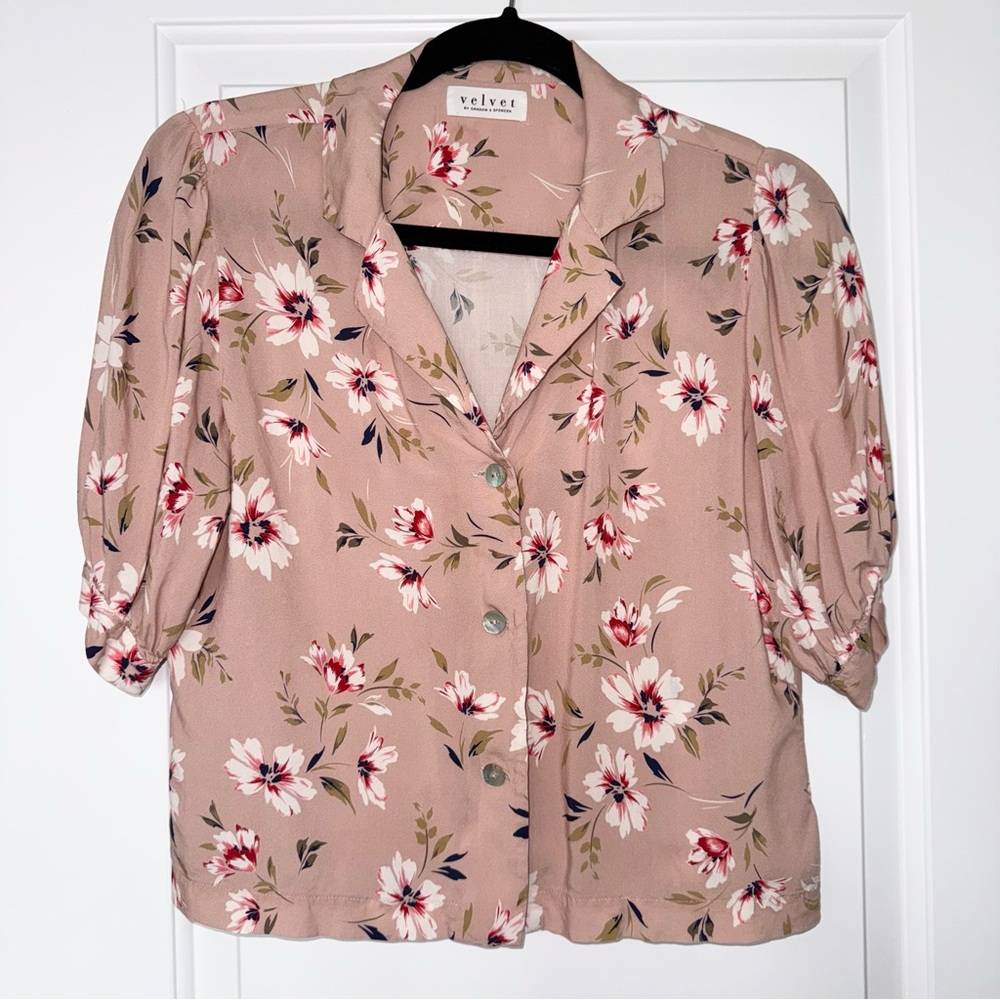 Anthropologie Velvet by Graham & Spencer Button-Up Floral Pink Blouse, small